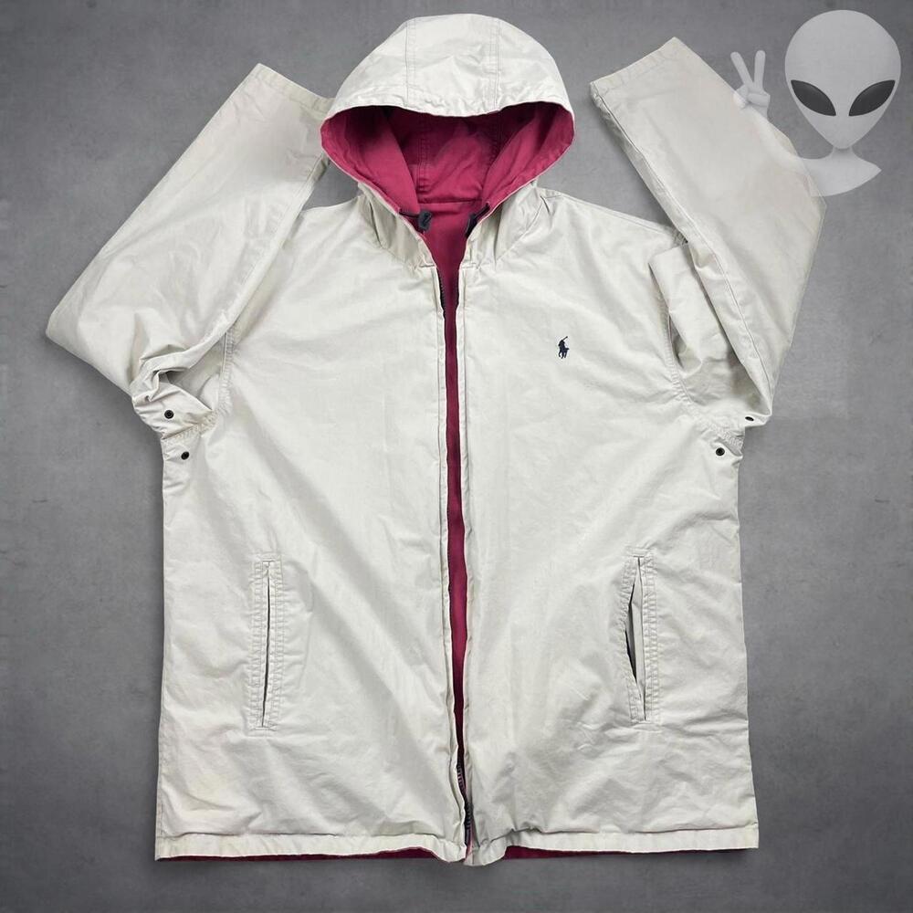 Polo Ralph Lauren Reversible Hooded Jacket Medium Cream Red Vintage 90s - Picture 3 of 7